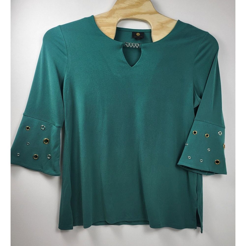 Jm Collection Eyelet Sleeve Top Chain Detail Neckline Green Blouse Size XLarge